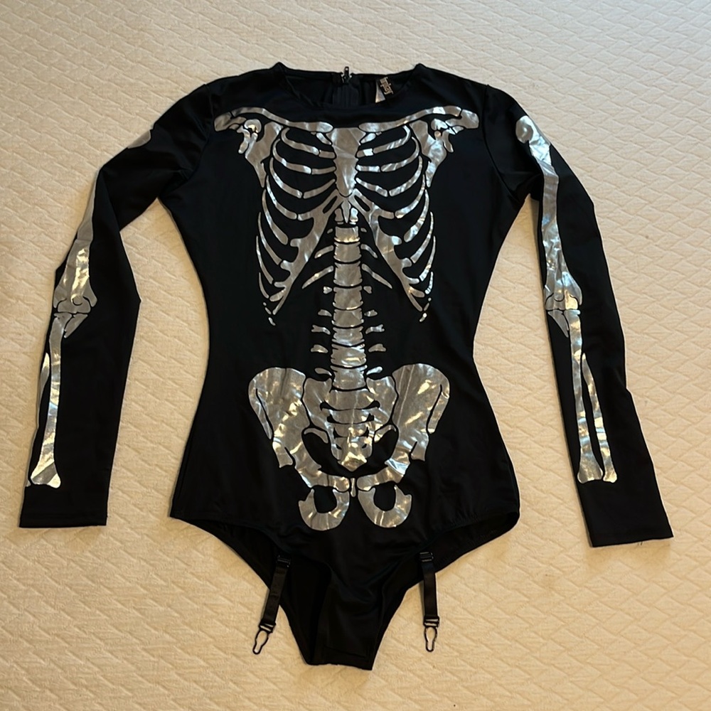 Forplay sexy skeleton body suit, silky material, black w/silver, S/M